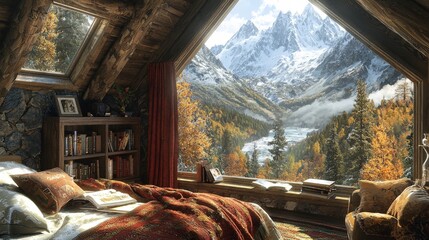 Wall Mural - Cozy Cabin with Mountain View and Bookshelf