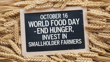 October 16 World Food Day theme with chalkboard message and wheat grains, top view