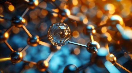 Poster - 3D rendering of an abstract molecular structure illuminated by a golden light, showcasing the interconnectedness of atoms and molecules.