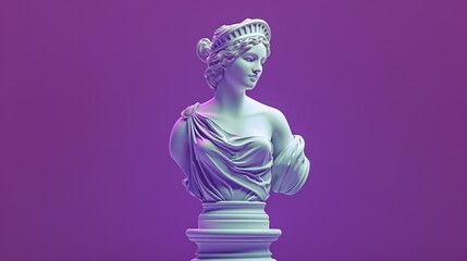 Aphrodite statue with white marble face on a rich purple background. Beautiful female figure in fantasy style. Sculpture illustration of woman with ancient Greek mythology theme.