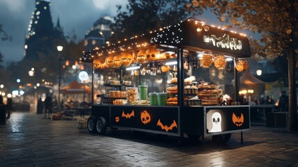 A haunted food cart at a Halloween fair serving spooky ghost-themed pancakes glowing green drinks