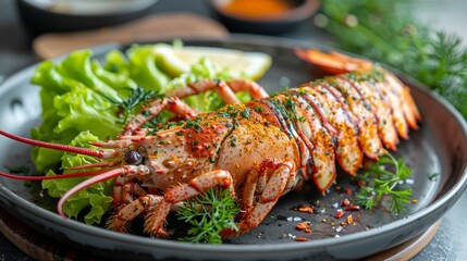 spiny lobster food on plate, fresh lobster or rock lobster seafood with herb and spices lemon coriander parsley lettuce salad, lobster for cooking food and seafood sauce 