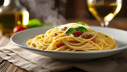 Wall Mural - Deliciously textured warm freshly made pasta ideal for a cozy Italian culinary advertisement