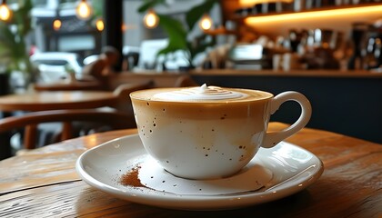 Cozy coffee shop closeup featuring artfully crafted cappuccino foam inviting moments of relaxation