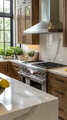 Wall Mural - Modern kitchen with sleek stainless steel appliances an island with marble countertops and potted herbs on the windowsill