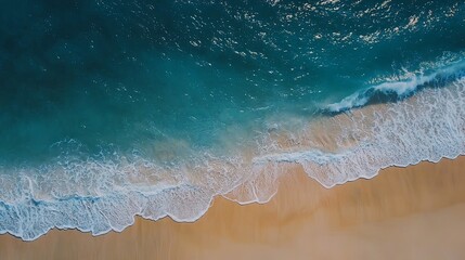 Canvas Print - Stunning Top Down Shot of a Peaceful Untouched Tropical Beach with Serene Blue Ocean Waves and Golden Sand Textures