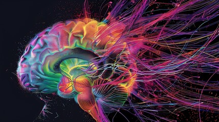 Poster - Digital art rendering of a human brain in vibrant colors with exploding lines representing the brain activity and thoughts.
