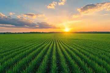 Wall Mural - a field of green grass with a sun setting in the background