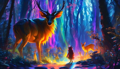 Wall Mural - Enchanting light forest with a devilish figure casting a vibrant neon rainbow shadow while animals roam freely