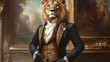© Thiago - Anthropomorphic lion in a victorian style suit posing front of an elegant painting. Victorian Gowns. Illustration