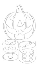 Wall Mural - One continuous line of Halloween Jack O' Lantern pumpkin with dice. Thin Line Illustration vector concept. Contour Drawing Creative ideas.