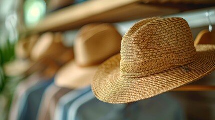 Straw hat hanging on wooden hanger.clothing accessories and travel concept 