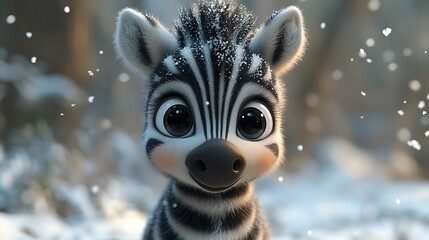 A cute, cartoon zebra foal with big eyes stands in a snowy forest.