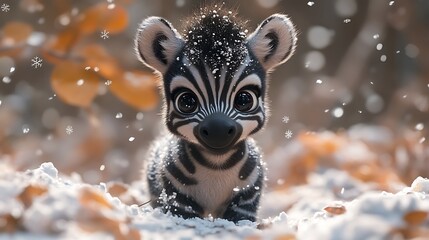 A cute cartoon zebra foal in a snowy forest setting.