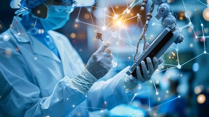 Poster - medical professional working with a robotic arm in a futuristic lab setting, representing the inters