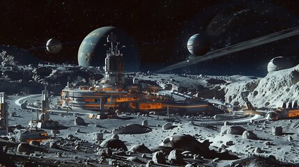 Wall Mural - futuristic lunar colony showcasing a complex of buildings and structures on the moon's surface. the 