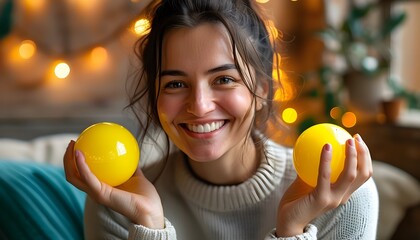 Wall Mural - Joyful hands embracing a cheerful yellow stress ball with a happy face, spreading positivity in a warm indoor setting