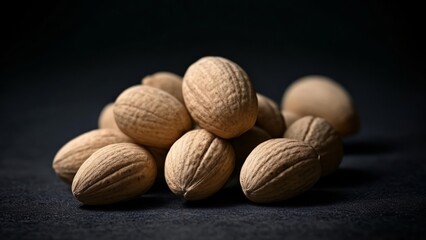 Wall Mural -  Nutty Delight  A pile of almonds in focus against a dark background