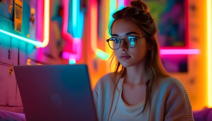 Wall Mural - Neon-lit workspace featuring a young woman with glasses engrossed in laptop study at nighttime