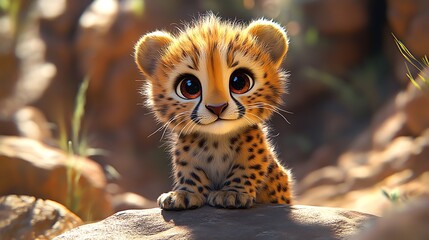 Wall Mural - Adorable cheetah cub with big eyes sitting on a rock in a sunny environment.