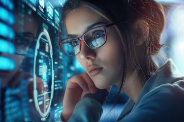 Poster - Young woman in modern office with futuristic computer displaying holographic interface. She wears glasses, working on digital screen with touch controls.