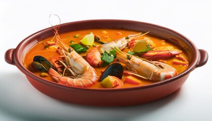 Spanish Food, Caldereta de Langosta on white background isolated.