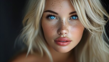 Sticker - Captivating Close-Up of Attractive Blonde Woman with Striking Blue Eyes