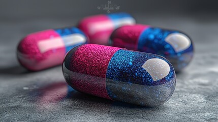 Sticker - Close up of Pink and Blue Pills on Gray Background