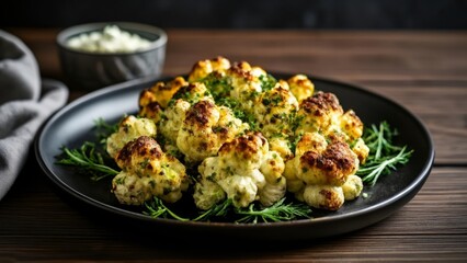 Canvas Print -  Deliciously baked goldenbrown cauliflower bites with herbs ready to be savored