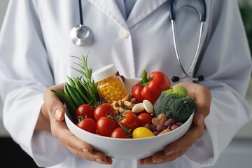 Doctor holds bowl with healthy food ingredients for heart-healthy diet. Close-up of female doctor hand holding bowl with organic products. Wholesome ingredients for balanced eating, cardiovascular