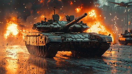 an armored tank navigates through a fiery battleground, showcasing military might during a tense con