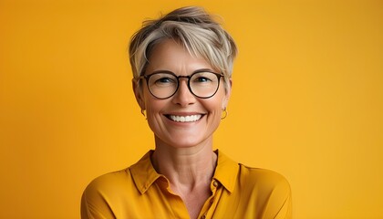 Wall Mural - Warm and Inviting Portrait of a Middle-Aged Woman with Short Hair and Glasses Against a Bright Yellow Backdrop