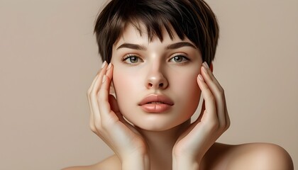 Wall Mural - Beauty and Skincare Portrait of a Young Woman with Short Hair in a Light Studio Setting