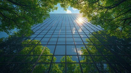 Sticker - Modern Building Reflection Trees Green Sky Glass Facade Architecture