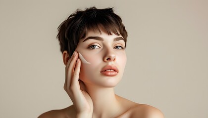 Wall Mural - Beauty and Skincare Portrait of a Young Woman with Short Hair in a Light Studio Setting