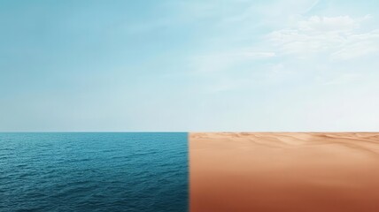 Desert transitioning into ocean, Earth as a horizon between two elements, stark environmental contrast, highresolution landscape photography