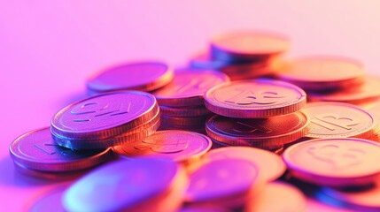 Wall Mural - Close-up of shiny golden coins on a vibrant pink and blue background.