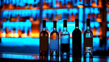 Stylish Silhouette of Bottles Against a Blue Backlit Bar Shelf Creating a Vibrant Modern Ambiance