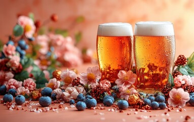 Two glass mugs of beer surrounded by colorful flowers and berries on a soft background, perfect for spring or summer gatherings.