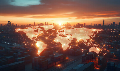 A glowing world map above a cityscape and a container port, signifying global trade and connection.