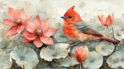 Canvas Print - Watercolor Painting of a Red Bird Among Pink Flowers