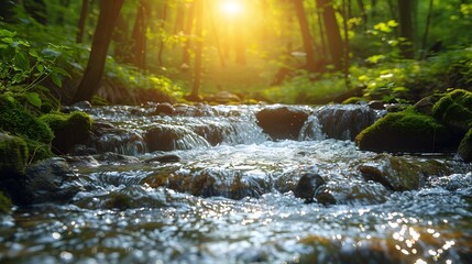 Canvas Print - Peaceful forest stream with clear water gently flowing over smooth stones surrounded by mosscovered trees and dappled sunlight filtering through the leaves