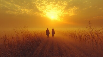 Poster - Two Silhouettes Standing in a Field of Tall Grass at Sunset with Fog