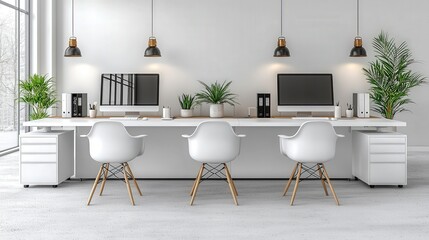 Poster - Modern Minimalist Office Workspace with White Desk  Chairs  and Computers