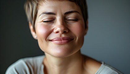 Canvas Print - Serene woman with closed eyes radiating peace and contentment through a gentle smile and short hair