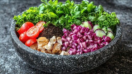 Wall Mural - Fresh Salad with Tomatoes  Red Onion  Cucumber  and Greens in Stone Bowl