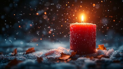 Wall Mural - A single red candle with a warm glow sits on a bed of snow with fallen leaves scattered around it.