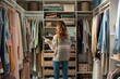 © miss irine - Woman selects outfit from large wardrobe closet with stylish clothes. Closet is organized with many clothes, home stuff, and furniture. Modern design with hangers, shelves, and storage.