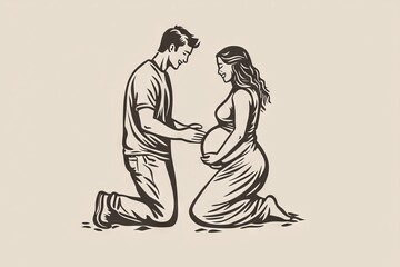 Continual one line drawing of a husband kneeling down and listening to his pregnant wife belly, expecting a new born child. Man hugs pregnant woman. Modern continuous line design graphic modern