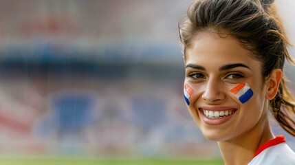 Enthusiastic Dutch woman cheering in national colors at a sports event, copy space, blurry stadium background.